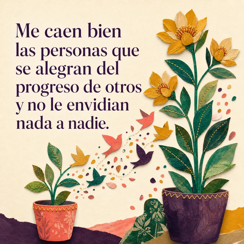 Frase sobre alegrarse del progreso ajeno junto a dos plantas que florecen y aves de colores entre ellas.