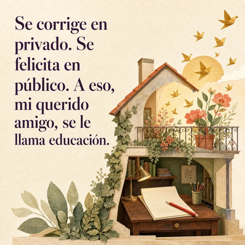Frase sobre corregir en privado y felicitar en público junto a un escritorio, una casa y aves doradas.