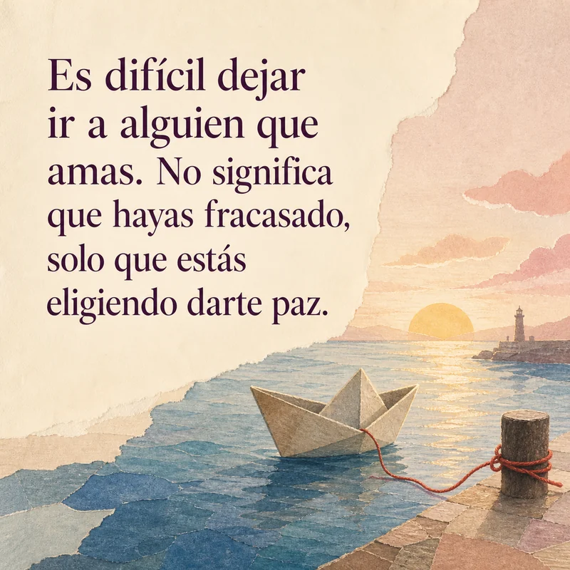 Frase sobre dejar ir y elegir paz junto a un barco de papel atado al muelle durante el atardecer.