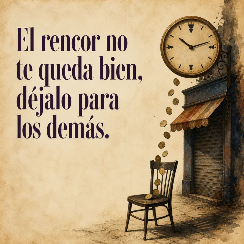 Frase sobre el rencor junto a un negocio cerrado, un reloj y una silla ocupada por una sombra.