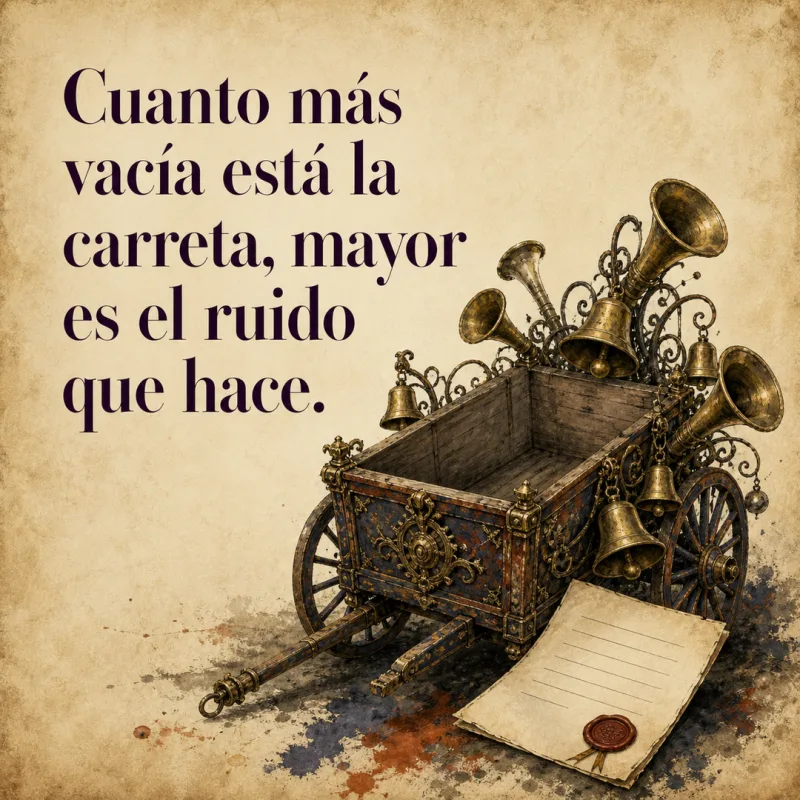 Frase sobre el ruido y la falta de sustancia junto a una carreta sonora y un documento de garantía vacío.