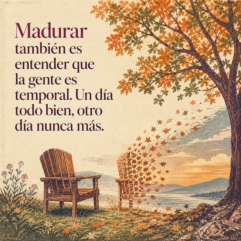 Frase sobre la gente temporal junto a dos sillas vacías bajo un árbol que pierde sus hojas.