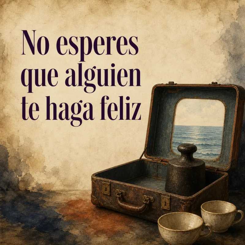 Frase sobre no encargar la felicidad a otra persona junto a una maleta abierta frente a un hotel junto al mar.