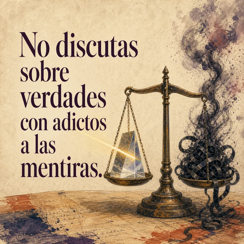 Frase sobre no discutir verdades junto a una balanza que enfrenta un prisma luminoso con una maraña oscura.