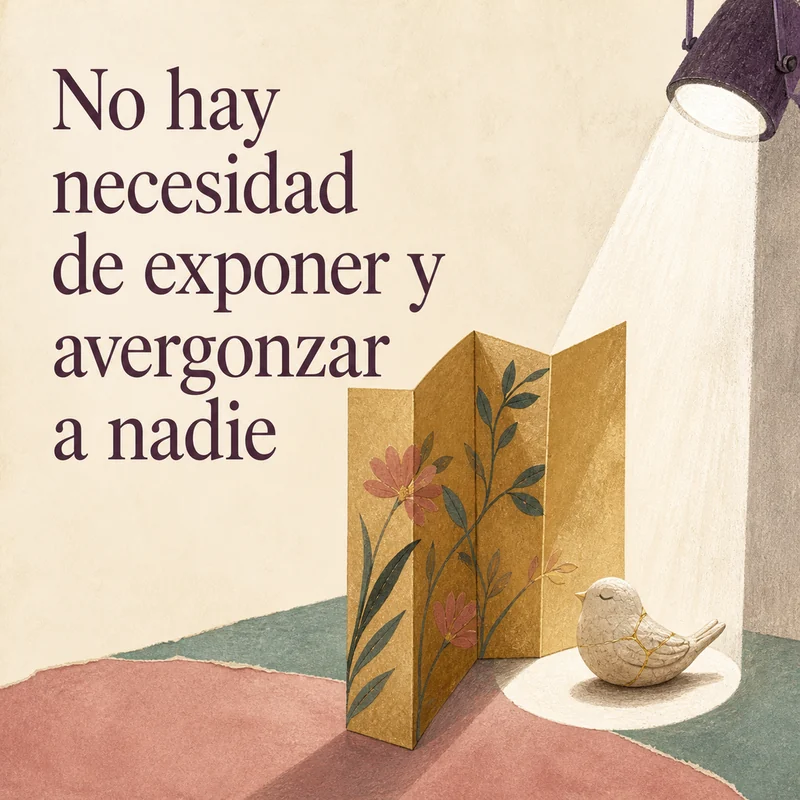 Frase sobre no avergonzar a nadie junto a un biombo de flores y una figura blanca bajo un reflector.