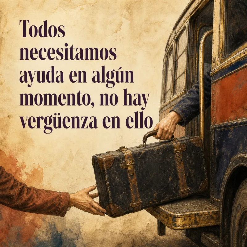 Frase sobre pedir ayuda junto a una maleta detenida en el escalón de un autobús y dos pares de manos.