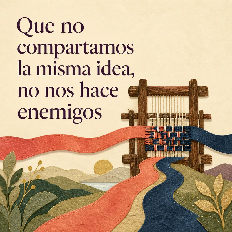 Frase sobre pensar distinto junto a un telar que une caminos rojos y azules sobre el mismo paisaje.