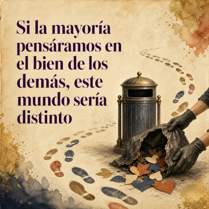 Frase sobre el bien común junto a una bolsa rota, papeles en el suelo y muchas huellas que pasan alrededor.