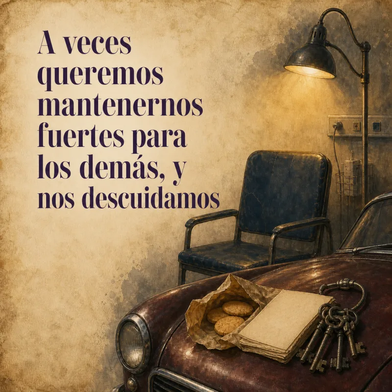 Frase sobre descuidarse al sostener a otros junto a una silla de hospital y unas galletas escondidas en un coche.