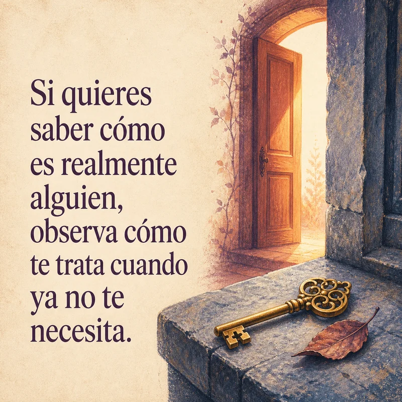 Frase sobre conocer a alguien cuando ya no te necesita junto a una puerta abierta, una llave y una hoja seca.