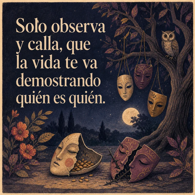 Frase sobre observar y callar entre máscaras caídas, flores nocturnas y un búho que mira desde un árbol.