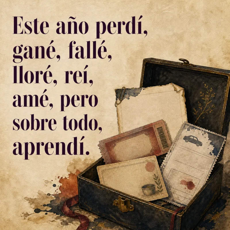 Frase sobre un año de pérdidas, alegrías y aprendizaje junto a una caja con recuerdos de meses distintos.