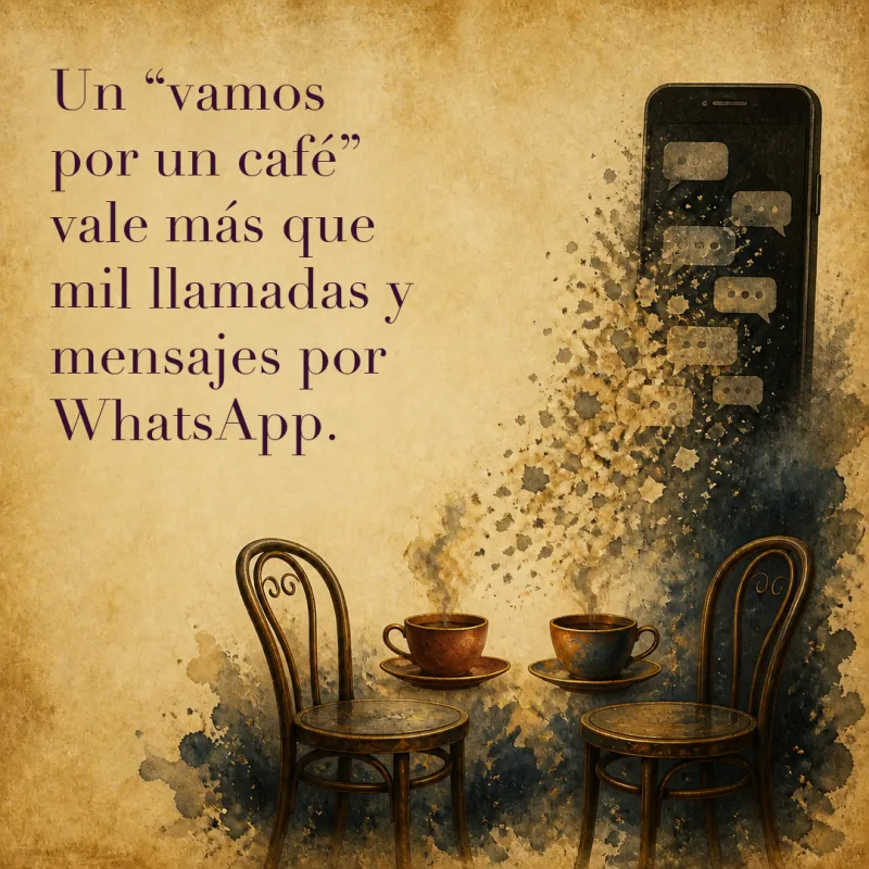 Frase sobre el valor de conversar en persona junto a dos sillas, una taza y una pantalla llena de mensajes.