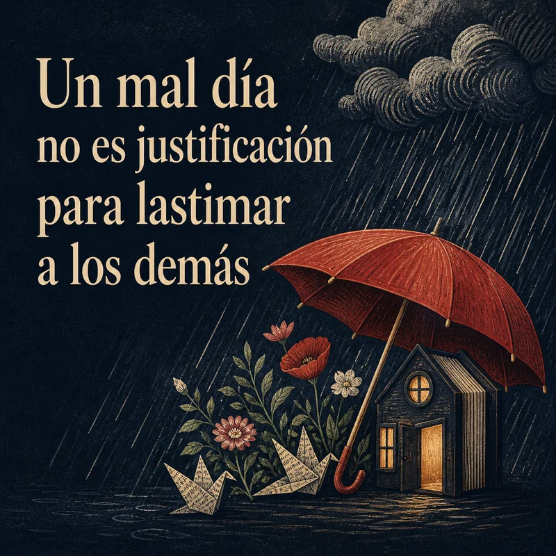 Frase sobre no lastimar por un mal día junto a una casa, un paraguas rojo y flores bajo una tormenta.