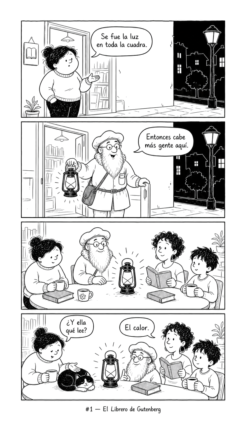 Cómic en cuatro viñetas: durante un apagón, Tío Gutenberg entra con una lámpara, reúne a Carmen, Lucía, un niño y Miga, y todos leen alrededor de la luz.